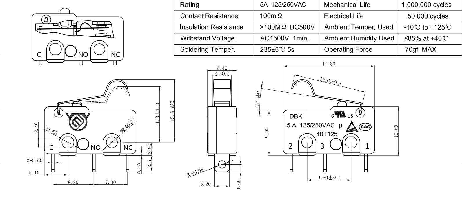 Limit Switch with Normally Open Contacts, Medium Size Micro Switch, No Lever, 2-Pin with Metal Roller, Yellow Dot.png