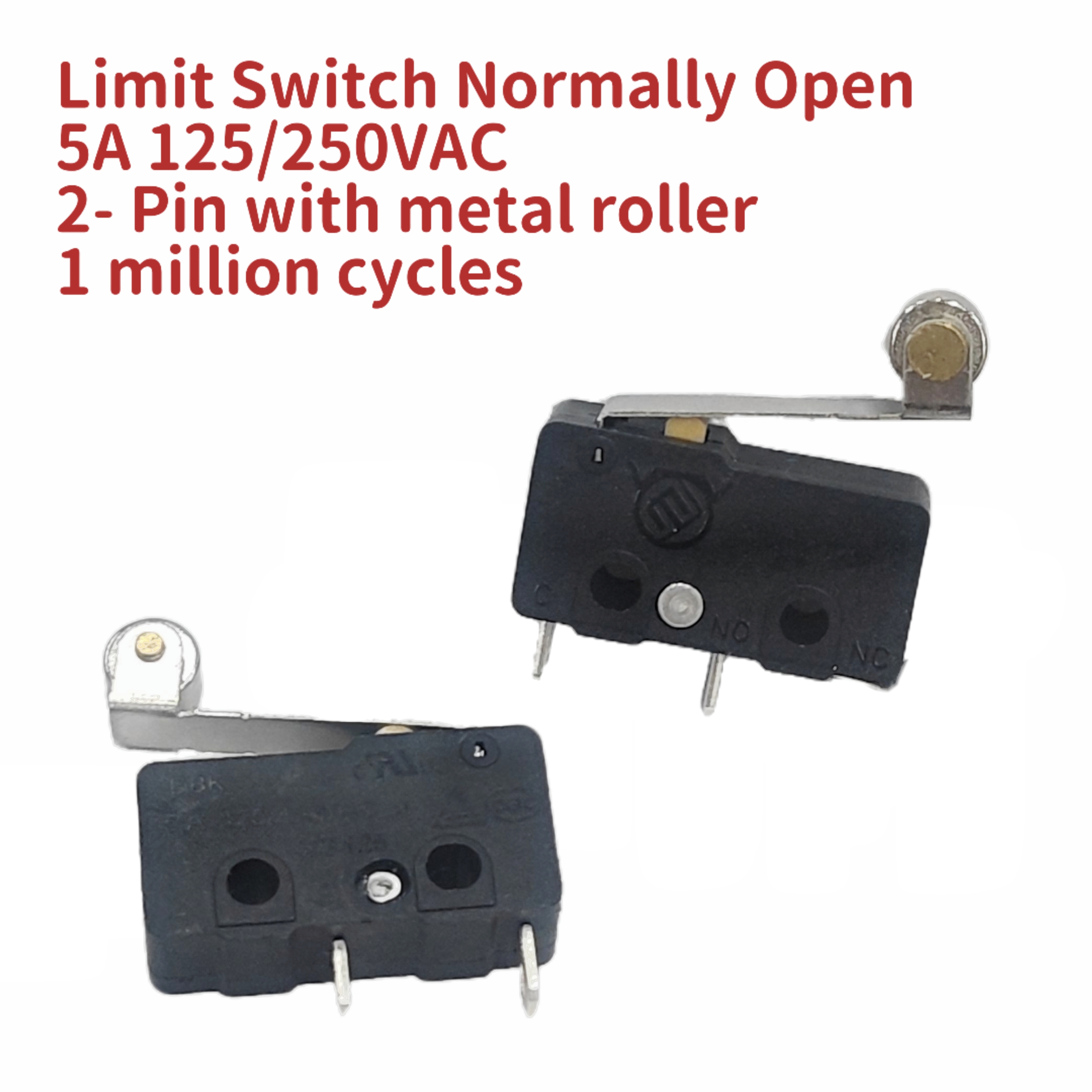 Limit Switch with Normally Open Contacts, Medium Size Micro Switch, No Lever, 2-Pin with Metal Roller, Yellow Dot,.jpg